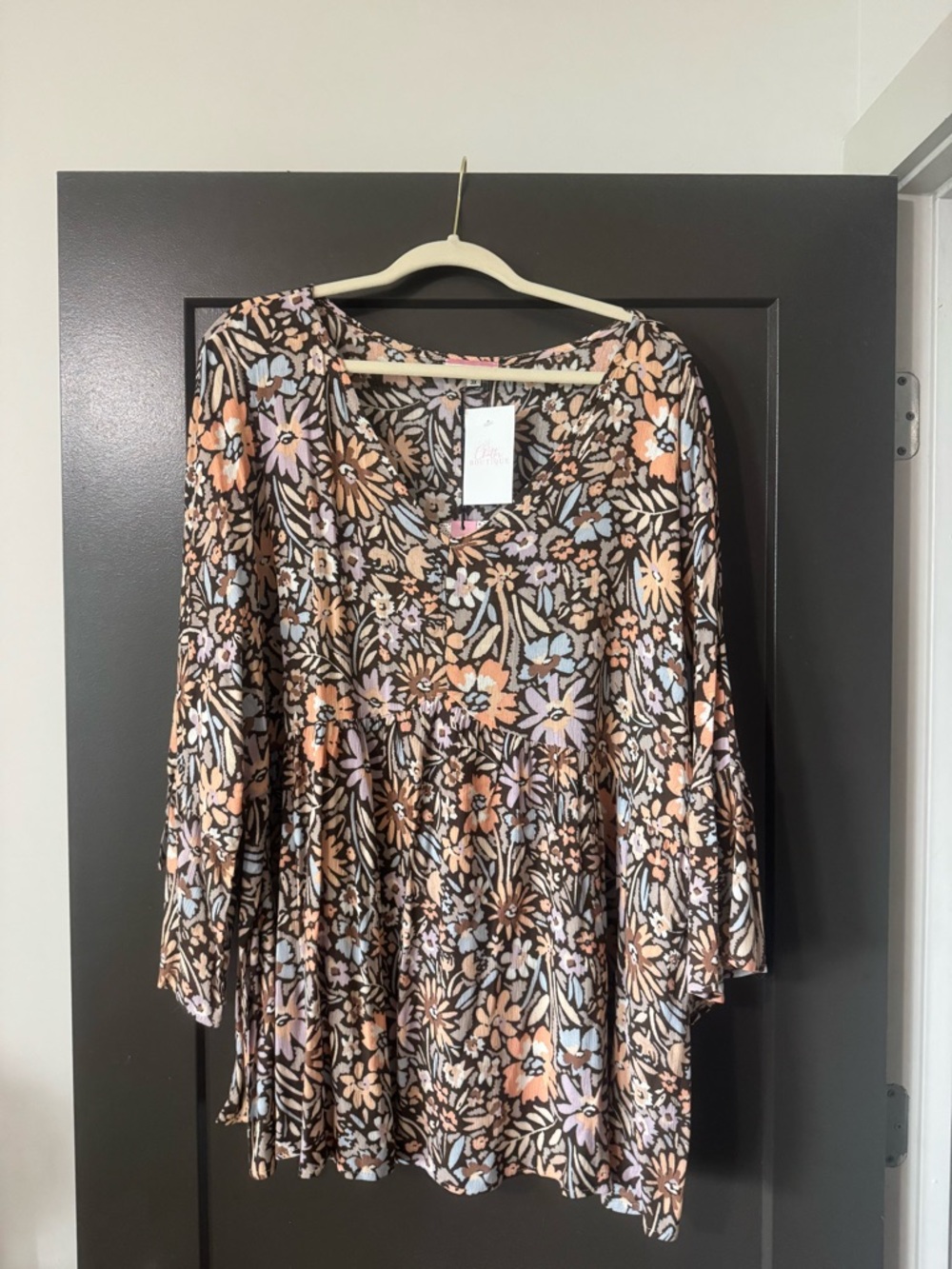 Plus Size Floral V-Neck Long Sleeve Dress Tunic